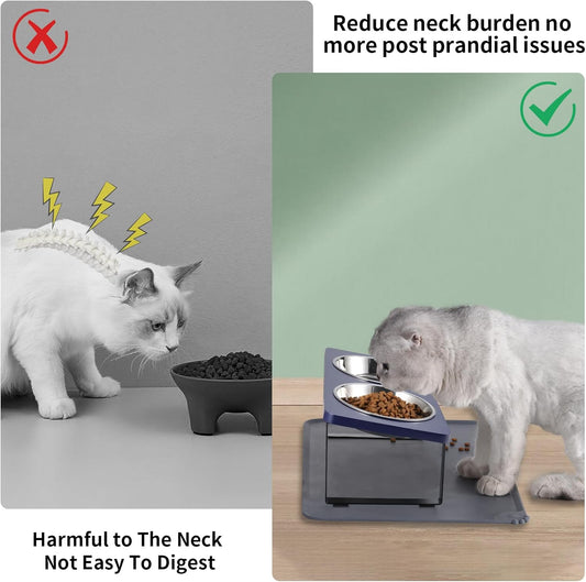Upgraded Elevated Cat Bowls with Food Mat,15°Tilted Stand Anti Vomiting Raised Cat Dishes for Food and Water,2 Stainless Steel Bowls for Cats and PuppiesďźNavy Blueďź