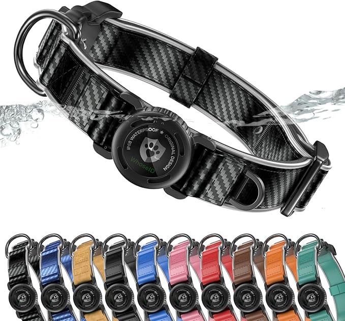 WhoseID Premium Leather Dog Collar - Waterproof AirTag Dog Collar | Magnetic Buckle Heavy Duty Collar | Medium Reflective Dog Collar with AirTag Holder