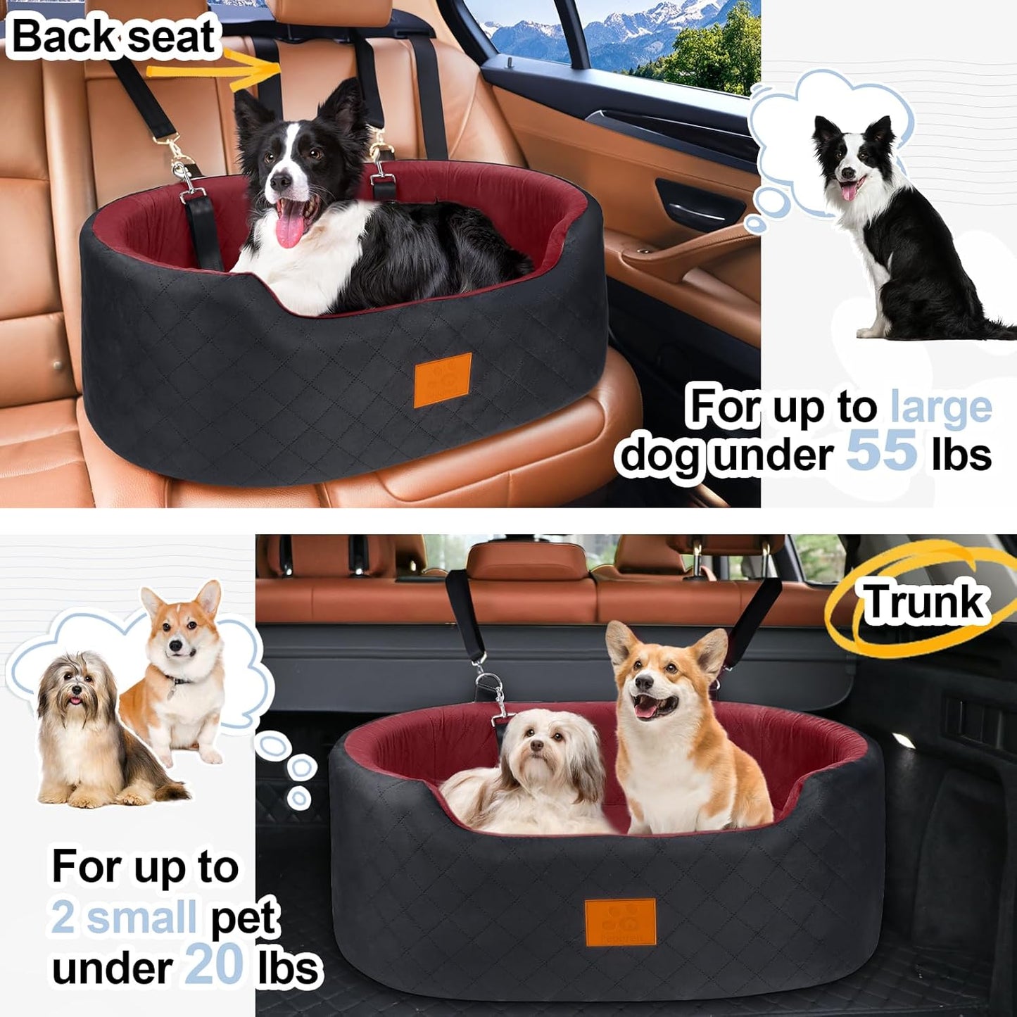 Dog Car Seat for Medium Dogs Up to 50 lbs, Pet Booster Seat for Cars SUVs and Trucks, Travel Dog Bed with Safety Strap, Thick Cushion, Non-Slip Base, Washable and Portable(Black/Red