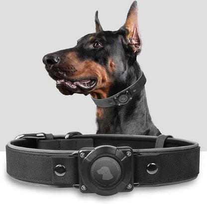 Leather AirTag Dog Collar, Waterproof Dog Collar with Air Tag Holder, Compatible with Apple Air Tag, Reflective, Durable, Comfortable Padded GPS Dogs Collars (Black, L)