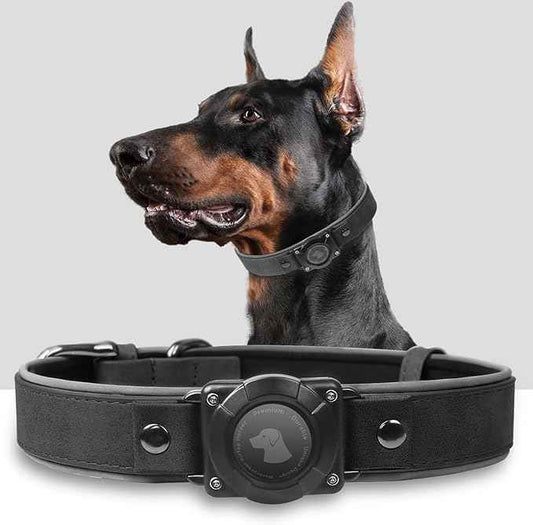 Leather AirTag Dog Collar, Waterproof Dog Collar with Air Tag Holder, Compatible with Apple Air Tag, Reflective, Durable, Comfortable Padded GPS Dogs Collars (Black, L)