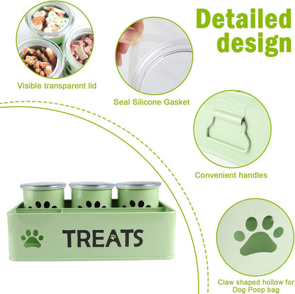 28oz Metal Dog Treat Container Set of 3,Dog Treat Jars with Airtight Lids,Cat Treat Jar,Dog Treat Canister for Countertop,Coated Galvanized Steel Dog Treats Station-Green