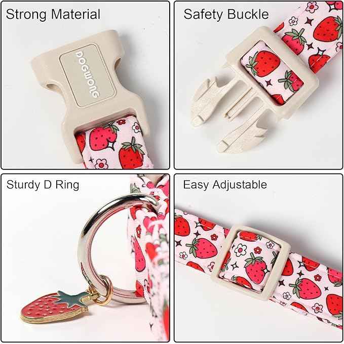 DOGWONG Strawberry Dog Collar, Cute Pink Strawberry Pet Collars with Quick Release Buckle for Puppy Small Medium Large Boy Girl Dogs-S