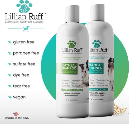 Lillian Ruff PRO Formula Deodorizing Oatmeal Dog Shampoo & Conditioner Set - Calm Itching & Allergies, Ultra-Nourishing Dry Skin Relief - Oatmeal, Aloe, Coconut Oil, Lavender & Provitamin B5, USA Made