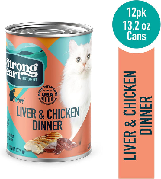 A Strong Heart Canned Wet Cat Food, Liver & Chicken Dinner - 13.2 oz Cans (Pack of 12), Made in The USA with Real Chicken & Liver