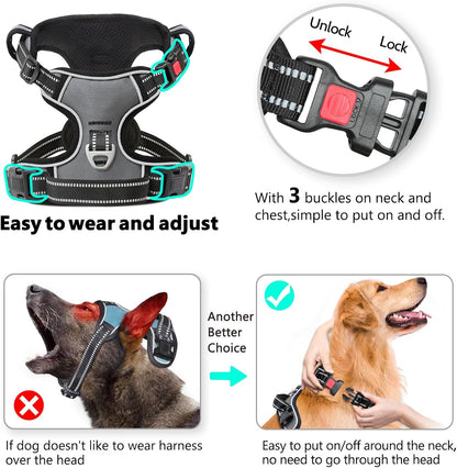 Timos Dog Harness Large Sized, No Pull with Neck Lockable Snap,No Choke Front Clip Dog Reflective Harness,Adjustable Metal Rings 3 Buckles,Easy Control Handle for Large Dogs Gray XL