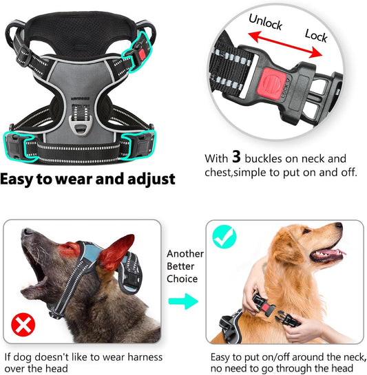 Timos Dog Harness Medium Sized, No Pull with Neck Lockable Snap,No Choke Front Clip Dog Reflective Harness,Adjustable Metal Rings 3 Buckles,Easy Control Handle for Medium Dogs Gray M