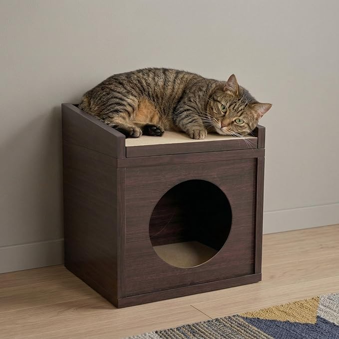 Meowdium Cat House – Cat Condo with Cardboard Scratcher, Scratching Post, Bed & Toy Storage, Cozy Cat Furniture & Accessories for Indoor Cats, Espresso