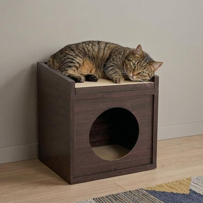 Meowdium Cat House – Cat Condo with Cardboard Scratcher, Scratching Post, Bed & Toy Storage, Cozy Cat Furniture & Accessories for Indoor Cats, Espresso