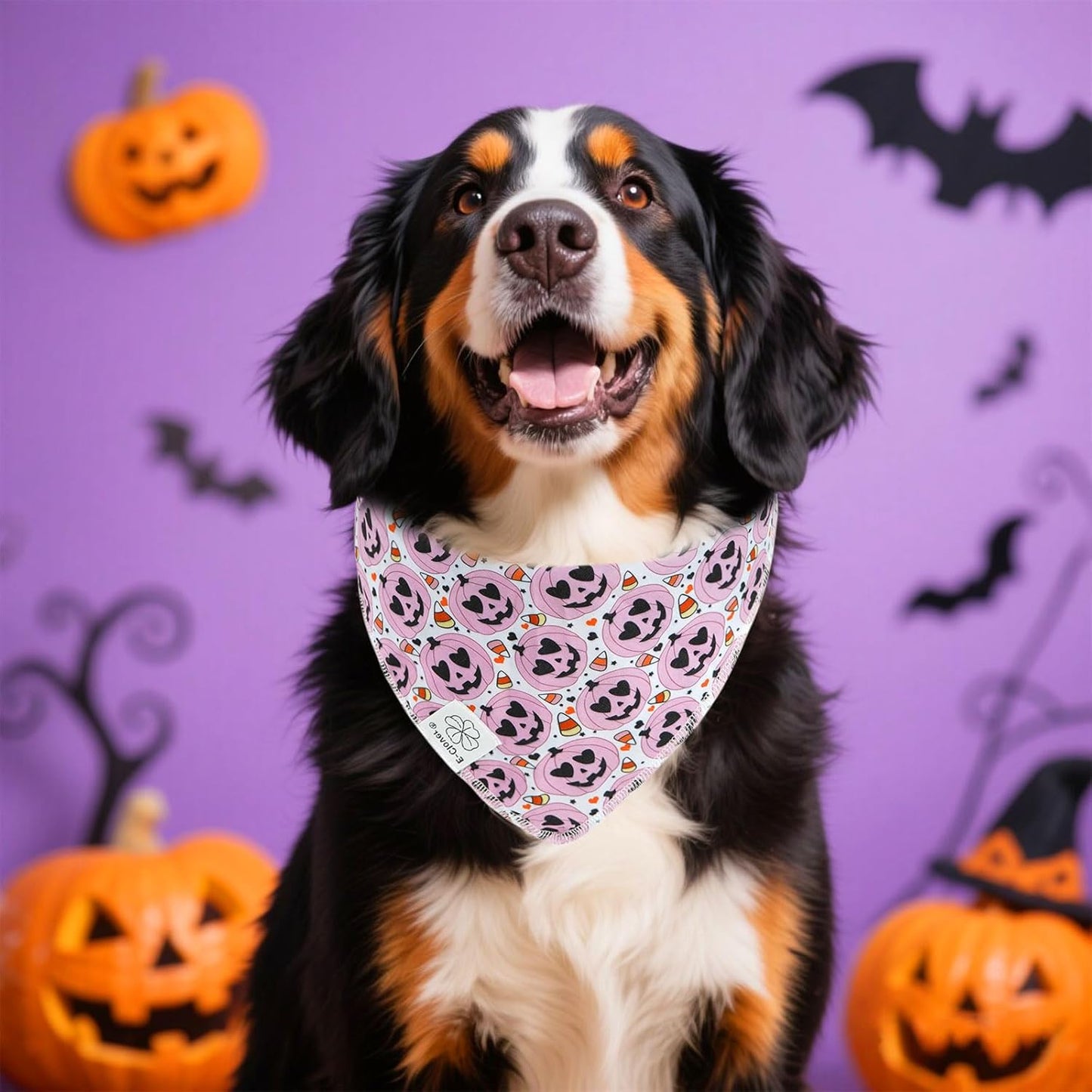 E-Clover Halloween Dog Bandanas & Matching Scrunchie Set Girl Cute Pink Pumpkin Dog Scarf Bibs Pet Bandana with Bow Tie for Small Dogs Puppy Owner Mom