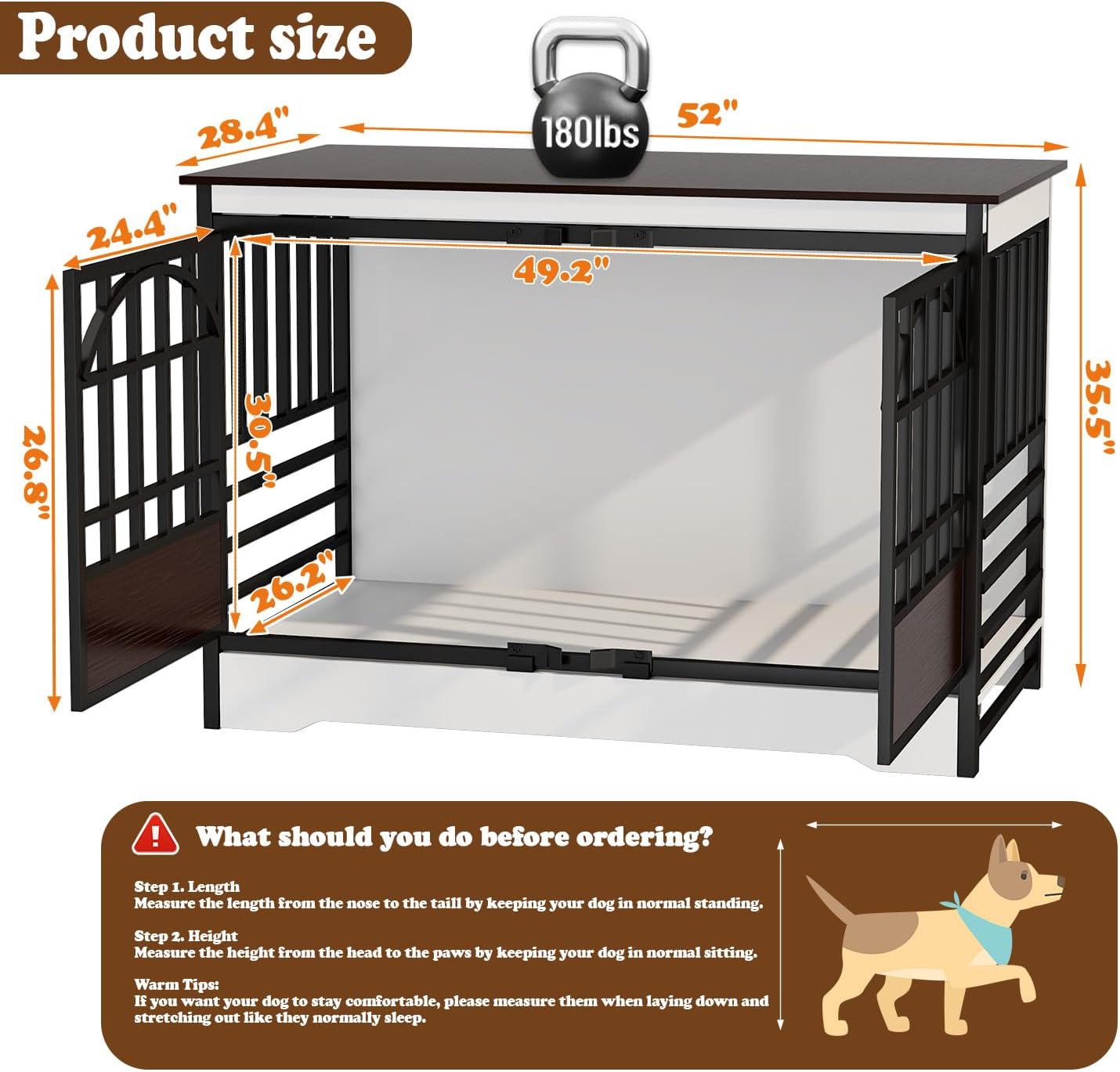 COZPAW 52 Inch Dog Crate Furniture, Extra Large Dog Kennel Indoor for XLarge Breed, Heavy Duty Dog Cage with Double Elegant Arched Doors, Decorate as TV Stand & End Table - White Brown