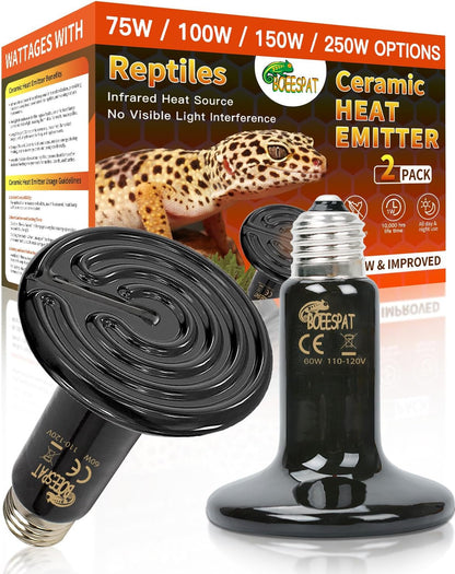 Energy Efficient 60W Reptile Basking Heat Lamp Bulbs, Pack of 2 Ceramic Heat Emitters for Tortoise, Bearded Dragon, Lizard, Iguana, Reptile (Black, 60 Watts)