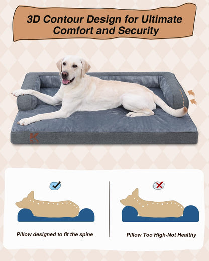 KSIIA Orthopedic Dog Bed for Extra Large Dog，Washable Pet Sofa with U-Shaped Bolster Removable Waterproof Cover Non-Slip Bottom and Egg-Crate Orthopedic Foam Pet Couch Bed, 47 x 32 Inch, Dark Gray