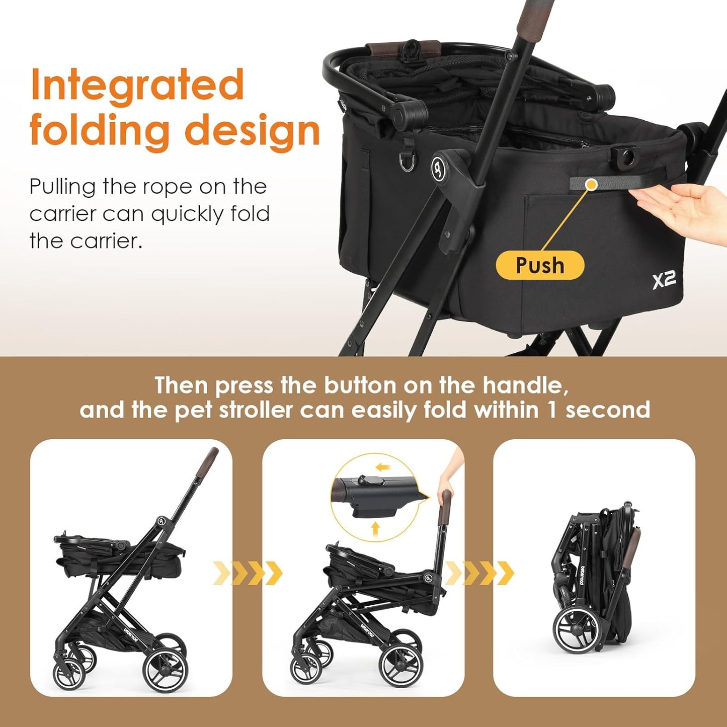 X2 Pet Stroller, Dog Cat Stroller for Small Pets Under 44lbs, Equipped with Detachable & Foldable Carrier, Waterproof Pad & Sunshade Canopy,Camel (Black) - Pawvie