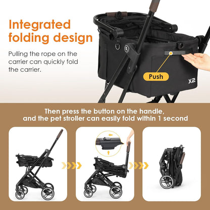 X2 Pet Stroller, Dog Cat Stroller for Small Pets Under 44lbs, Equipped with Detachable & Foldable Carrier, Waterproof Pad & Sunshade Canopy,Camel (Black) - Pawvie