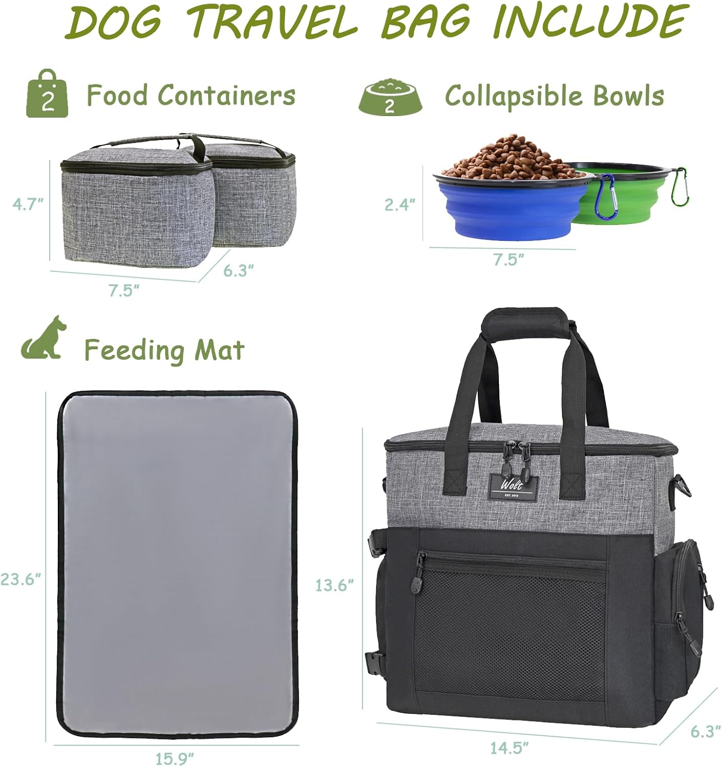 WOLT Dog Travel Bag Dog Bag for Traveling and Supplies with 2 Collapsible Bowls, 2 Food Containers, 1 Place Mat, Grey - Pawvie