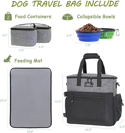 WOLT Dog Travel Bag Dog Bag for Traveling and Supplies with 2 Collapsible Bowls, 2 Food Containers, 1 Place Mat, Grey - Pawvie