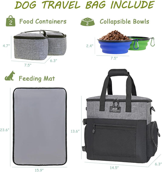 WOLT Dog Travel Bag Dog Bag for Traveling and Supplies with 2 Collapsible Bowls, 2 Food Containers, 1 Place Mat, Grey - Pawvie