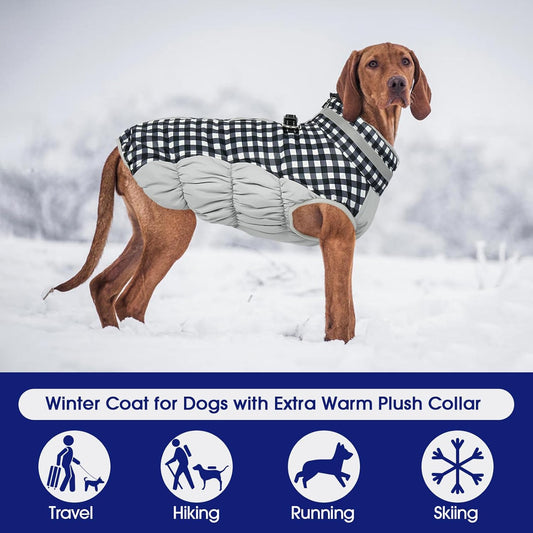 FUAMEY Dog Coat for Large Dogs,Waterproof Dog Winter Jacket with Harness Built in Puppy Cold Weather Coats Reflective Pet Vest with Zipper Warm Fleece Dogs Snowsuit Windproof Checkerboard 2XL