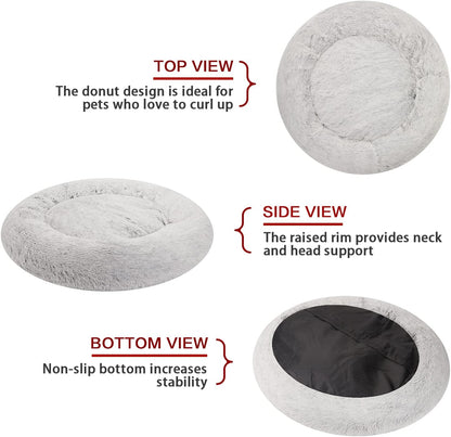 Bedfolks Calming Donut Dog Bed, 23 Inches Round Fluffy Dog Beds for Small Dogs, Machine Washable Anti-Anxiety Plush Puppy Bed（Light Grey, Small）