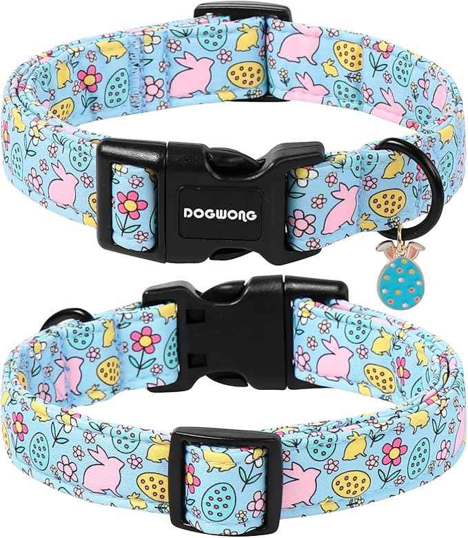 DOGWONG Easter Dog Collar-Cute Blue Easter Bunny Dog Collar, Easter Egg &Rabbit Pet Collars Puppy Collar Gifts with Quick Release Buckle for Girl&Boy Dogs,XL