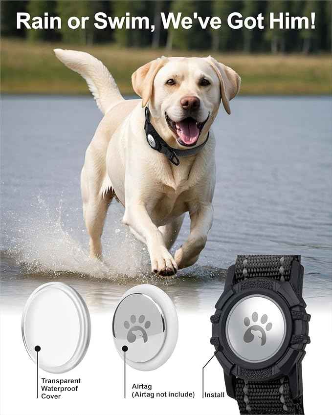 TagME Airtag Dog Collar,Waterproof Reflective Pet Collar with Airtag Holder,Soft Padded and Double D-Rings for Large Dogs,Black