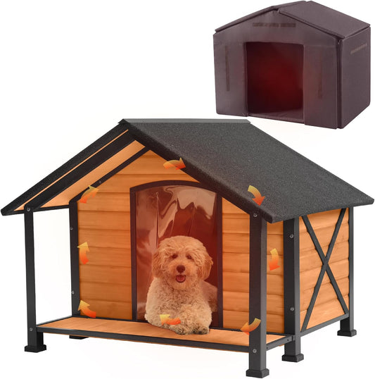 Outdoor Dog House Insulated Large Dog Kennel with Liner for Winter, Heated Dog House 100% Insulated & All-Around Iron Frame