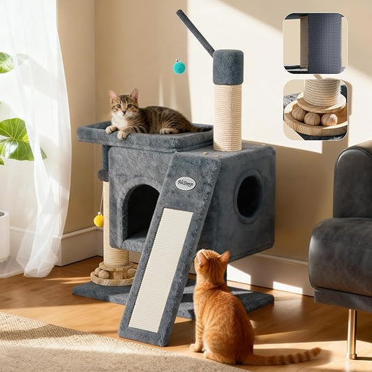 PetDance 37in All-in-1 Small Cat Tree for Indoor Cats | Space-Saving Cat Tower with Cozy Condo, Cat Window Perch, Sisal Scratching Posts, Interactive Ball Track Toy & Self-Grooming Brush,Light Gray
