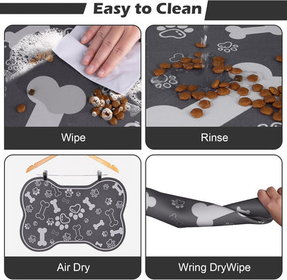 Dog Cat Food Mat,Rapid Absorbent Pet Feeding Mat, Bone Shaped Dog Placemat Water Bowl Mat with Rubber Backing,No Stains Dog Cat Food Mats Indoor, Pet Accessories Supplies 16"×24" Dark Grey