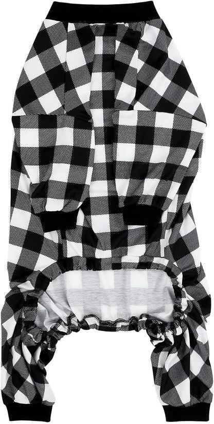 HDE Dog Pajamas One Piece Jammies Jumpsuit Pet Clothes Outfit Stretchy Lightweight Comfy Shirt Pjs for M-3XL Dogs Black & White Buffalo Plaid - L
