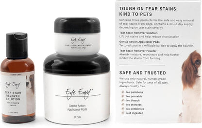 Eye Envy Dog Tear Stain Remover Starter Kit. 100% Natural, Safe. Contains: Stain Solution, Applicator Pads, and Stain Powder. Tear Stain Treatment Kit. Lasts 30-45 Days. Made in USA