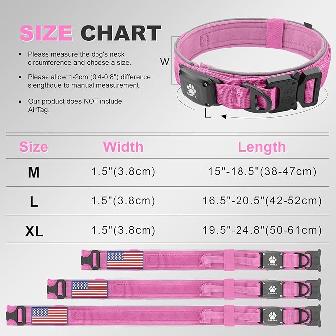 2026 Upgrade Dog Collar with IPX8 Waterproof AirTag Holder,Military Tactical Comfortable Control Handle and Ultra-Durable Metal Buckle/Night Reflective,GPS Collar for Medium to Large Dogs（Pink/L）