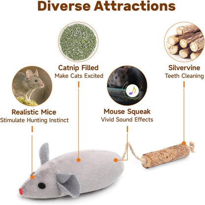 Potaroma Cat Toys: 3pcs Squeak Mice Interactive Catnip Silvervine Animals for Indoor Kittens - Dental Matatabi Cat Nip & Chew Exercise Toy for All Breeds & Species