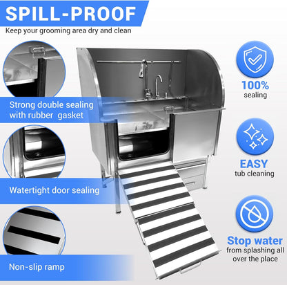 Professional Dog Grooming Tub, 38" Stainless Steel Dog Wash Station with Ramp, Storage Drawer, Floor Grate & Faucet/Dog Bathtub for Large, Medium & Small Pets, Left Door