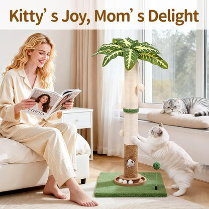 Tall Cat Scratching Post Vertical Pole for Indoor, 35" Palm Tree Sisal Scratch Post for Large Cats Kittens, Heavy Duty Wooden Carpet Pole with Ball Track Leaves, Furniture Protection
