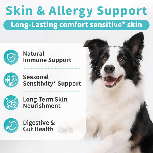 Dog Skin & Allergy Chews - Dog Probiotics for Sensitive Skin Health Support - Allergy Relief - Support Seasonal Allergies, Immune & Gut & Digestive Health Supplement - Chicken Flavor - 90 Count
