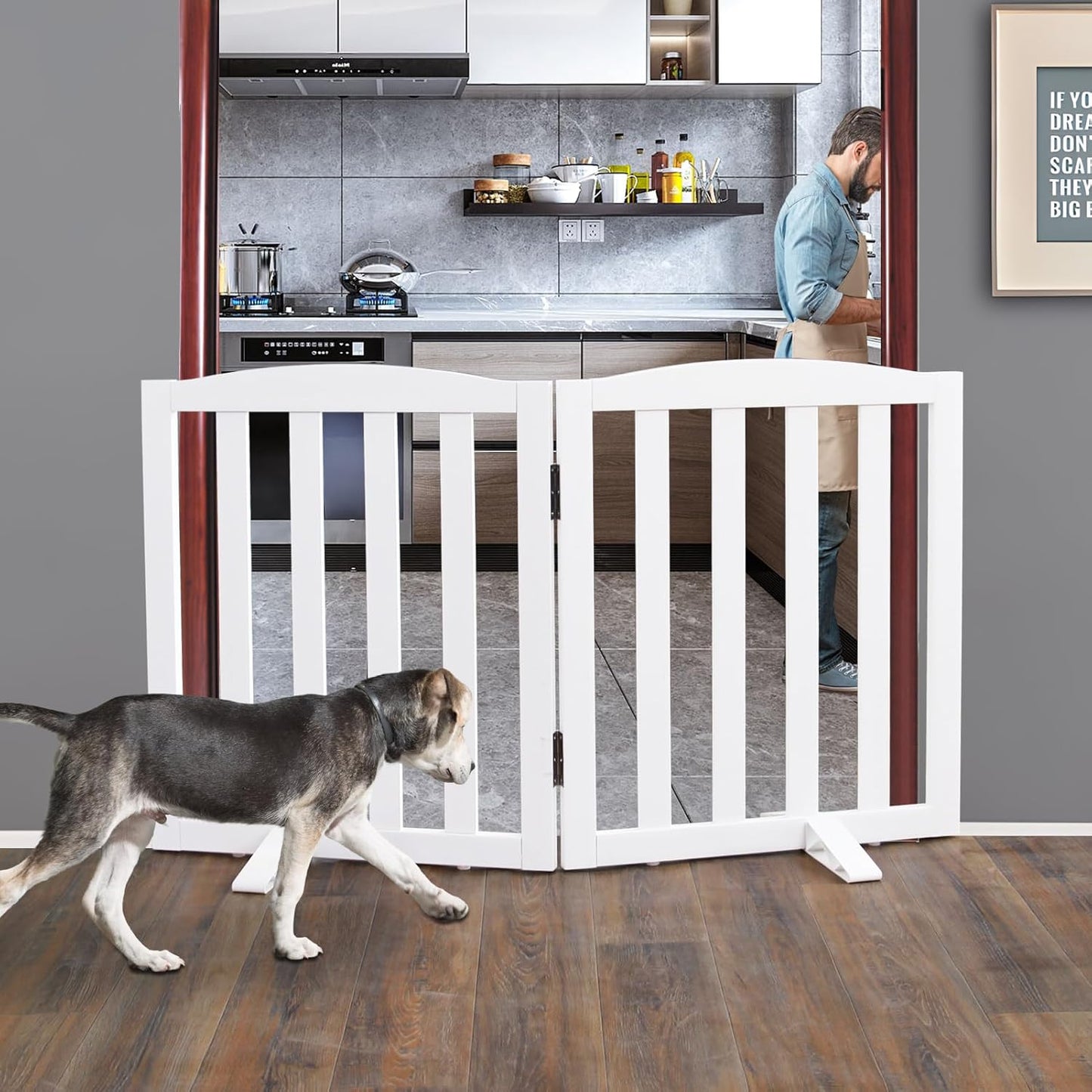 ZJSF Foldable Freestanding Indoor Dog Gate for House Wood White Long Pet Gates Dog Fence for Stairs Puppy Gates for Hallways,Pet Fence, Puppy Gate,Support Feet Included 24 "Height-2 Panels