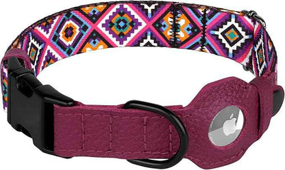 AirTag Dog Collar with Metal Buckle - Printed Nylon Soft Leather Dog Collar with Apple AirTag Holder - Secure Tracking GPS Pet Collars for Girl Boy Small Large Dogs (M, 14"-18" Neck Fit, Aztec)