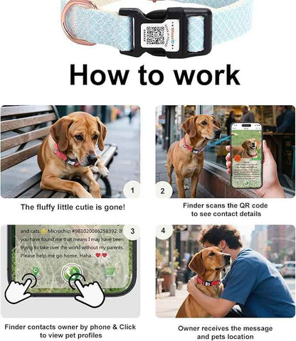 WhoseID Dog Collar with Waterproof AirTag Holder & Anti-Lost QR Code, Cute Bling Warpping Adjustable Width for Small Medium Large Pet (Light Blue, L)
