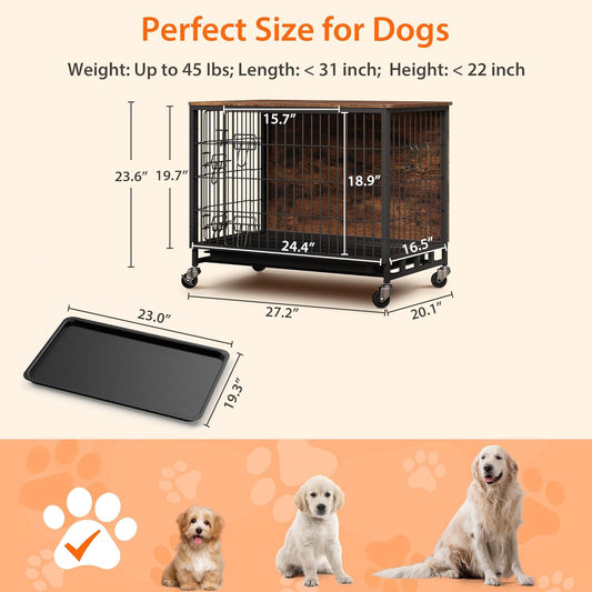 Dog Crate Furniture, 27.2" Small Dog Kennel Wooden Dog Crate with Pull-Out Tray, Double Doors, Modern End Table for Small/Medium Dogs, Grey