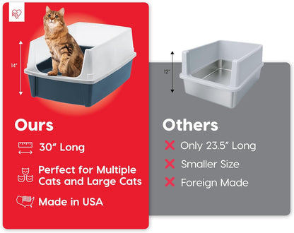 IRIS USA XX-Large Cat Litter Box, Open Top Extra Large Litter Box for Big Cats and Multi-Cat Households, High Sided Scatter Shield, Easy to Clean, 30" L x 20" W x 14" H, Navy