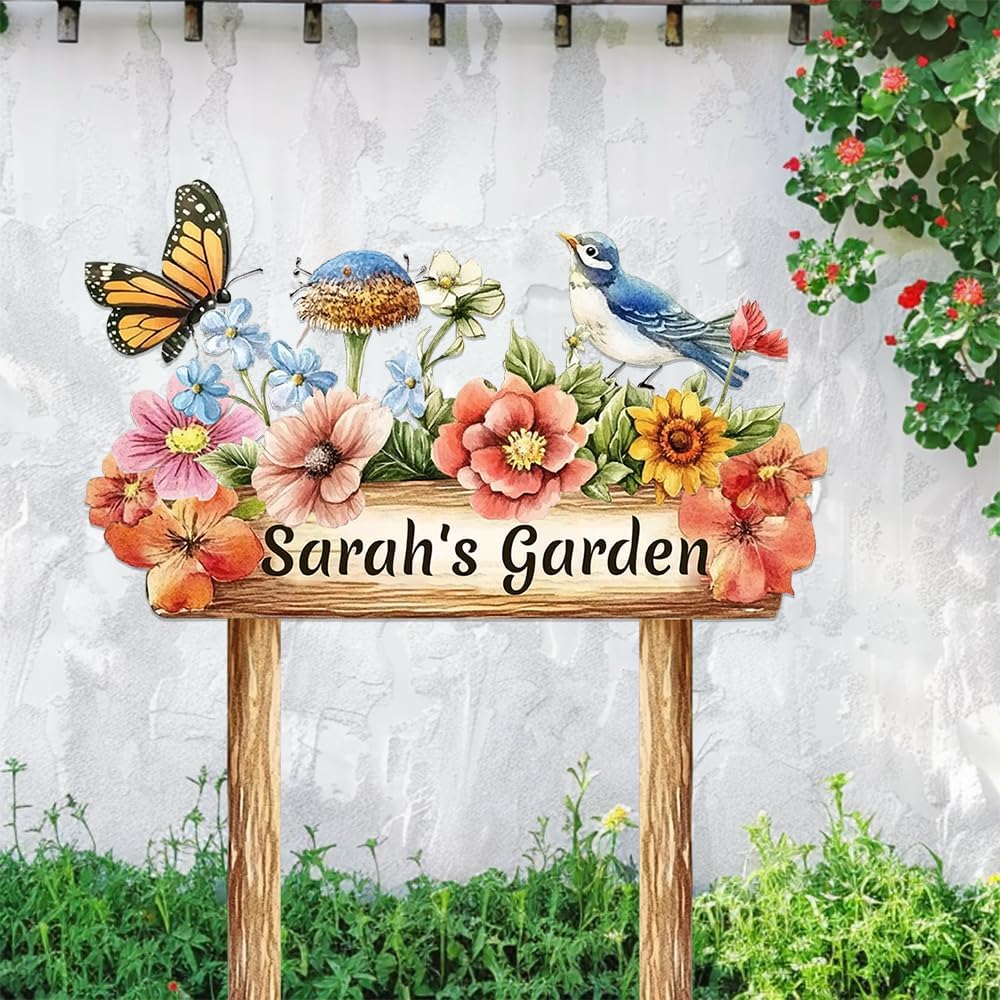 Personalized Colorful Bird Metal Sign with Stake,Custom Gardener Last Name Signs Outdoor Decorate,Customized Garden Accessories Decor for Mom,Butterfly Flowers Plaques for Patio Lawn Porch Backyard