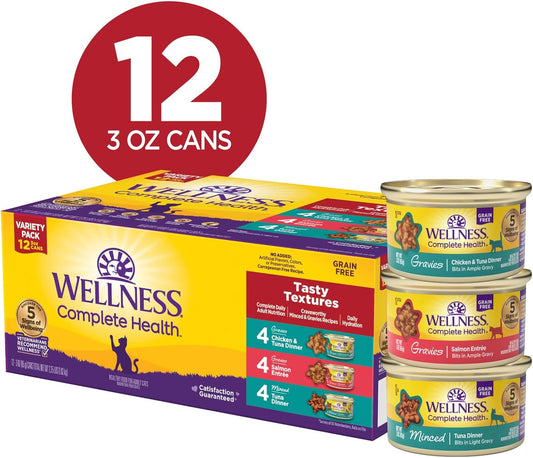 Wellness Complete Health Gravy & Minced Adult Wet Cat Food, Natural, Protein-Rich, Grain Free, 3 Ounce, 12 Pack, (Salmon, Tuna, and Chicken Variety Pack)