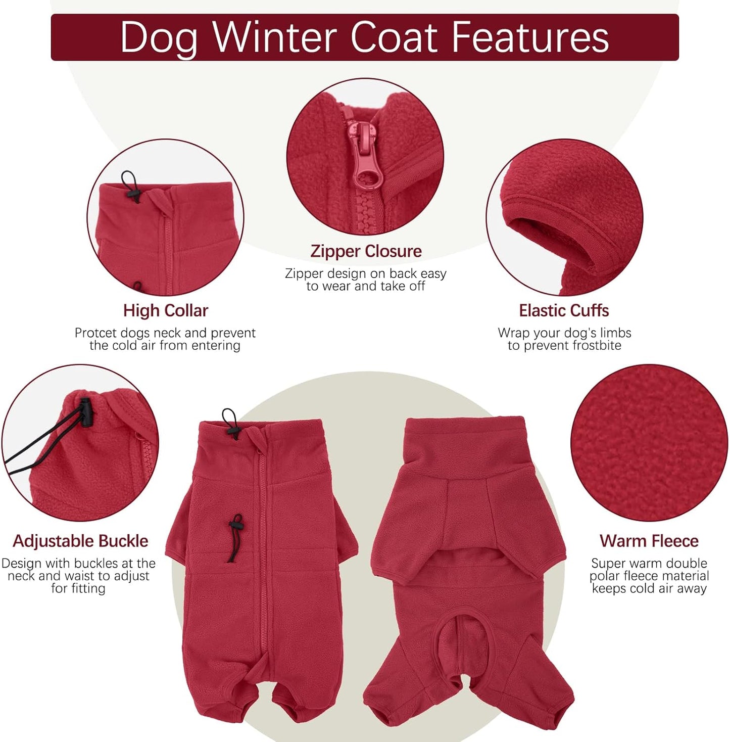 ROZKITCH Dog Pjs for Small Dogs, Pet Windproof Warm Cold Weather Jacket Vest Cozy Jumpsuit Apparel Outfit Clothes for Small Dog Walking Hiking Sleep Red 2XS