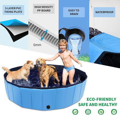 Foldable Dog Pool, 87" x 14" Large Kiddie Pool with Hard Plastic, Non-Slip Dog Bath Tub for Outdoor Backyard, Collapsible Dog Swimming Pool for Kids Dogs Pets (Blue)