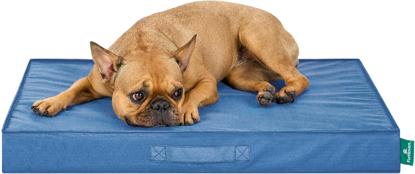 FurHaven Cooling Dog Bed – Medium Foam Mattress for Joint Pain Relief, Waterproof Liner, Removable Washable Cover, Durable for Outdoor Use, Deluxe Grid Indoor/Outdoor Bed – Blue, Medium