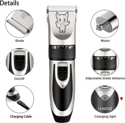 Dog Grooming Kit Clippers, Low Noise, Electric Quiet, Rechargeable, Cordless, Pet Hair Thick Coats Clippers Trimmers Set, Suitable for Dogs, Cats, and Other Pets (Silver)
