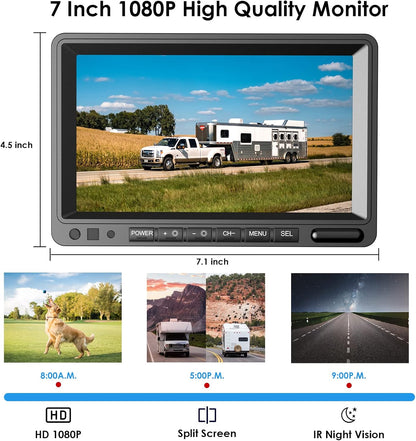Digital Wireless Backup Camera System Kit, IP69K Waterproof Wireless 2 Rear View Camera + 7’’ LCD Dual Split Monitor for RV/Truck/Bus/Camper/Trailer (WX02)