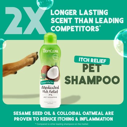 TropiClean Oatmeal Dog Shampoo for Itchy Skin Relief, Soothing Medicated Itch Relief, with Vitamin E, Puppy Safe, Made in USA, Cat Friendly, 20 oz.