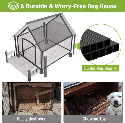 Metal Frame Dog House with Insulated Liner for Indoor & Outdoor Use - Large Dog Kennel with Weatherproof Roof & Foot Pads for Small, Medium & Large Dogs(Grey)